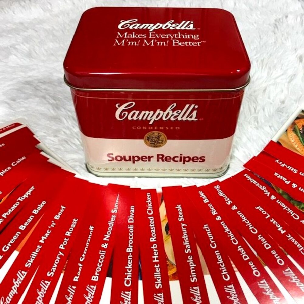 NWOT Vintage Campbell's Condensed Souper Recipe Tin + 24 Recipes + Divider Cards
